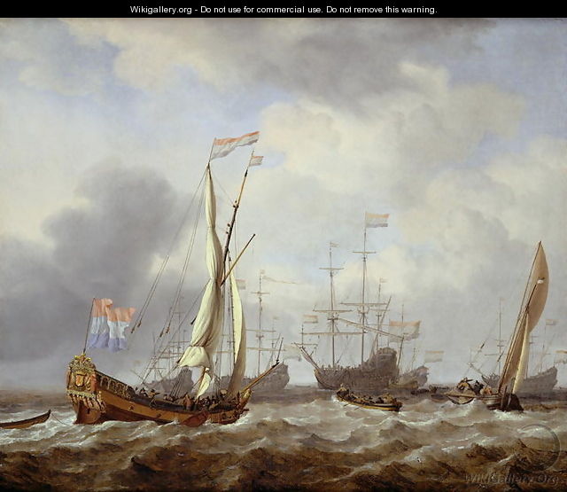 Dutch States yacht sailing in a light breeze on choppy seas, with a kaag nearby and other shipping at anchor beyond - Willem van de, the Younger Velde