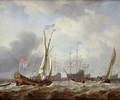 Dutch States yacht sailing in a light breeze on choppy seas, with a kaag nearby and other shipping at anchor beyond - Willem van de, the Younger Velde