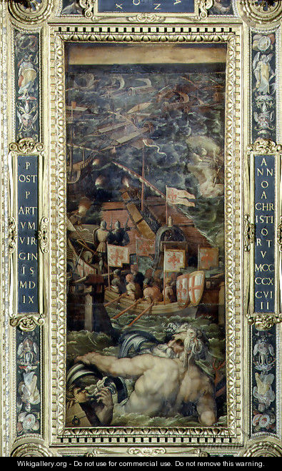 A naval battle between Florence and Pisa from the ceiling of the Salone dei Cinquecento, 1565 - Giorgio Vasari