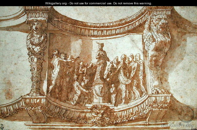 Hemicylindrical pedestal with a group worshipping a statue of Diana, c.1522 - Perino del Vaga (Pietro Bonaccors)