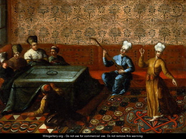 Figures Gathered Round a Kursi with a Musician and a Dancer Performing before Them - Jean Baptiste Vanmour