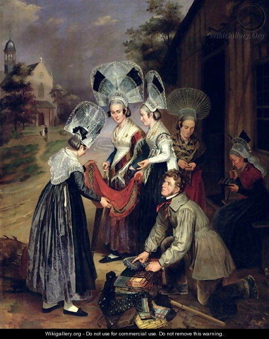 A Peddler Selling Scarves to Women from Troyes - Henri Valton