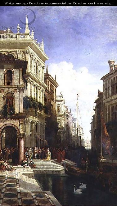 A Capriccio View of Venice with a Princess being Shown to a Gondola at the Back of the Scuola di San Marco - William Wyld