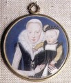 Portrait miniature of Lady Katherine Seymour, nee Grey c.1538-68 Countess of Hertford, holding her infant son and wearing her husbands miniature, c.1562 - Lievine Teerlink