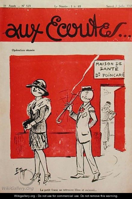 Mission Accomplished, The Franc Leaving Raymond Poincares Nursing Home and Following the Pound Sterling, caricature from the magazine Aux Ecoutes, 1928 - E. Tap