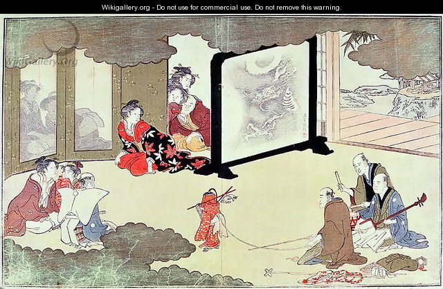 A monkey trainer performing at a noblemans house, c.1788 - Kitagawa Utamaro