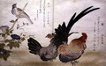 Cockerel and Hen on the right with a Bunting on the left, from an album Birds compared in Humorous Songs Momo Chidori Kyoka Awase, 1791 - Kitagawa Utamaro