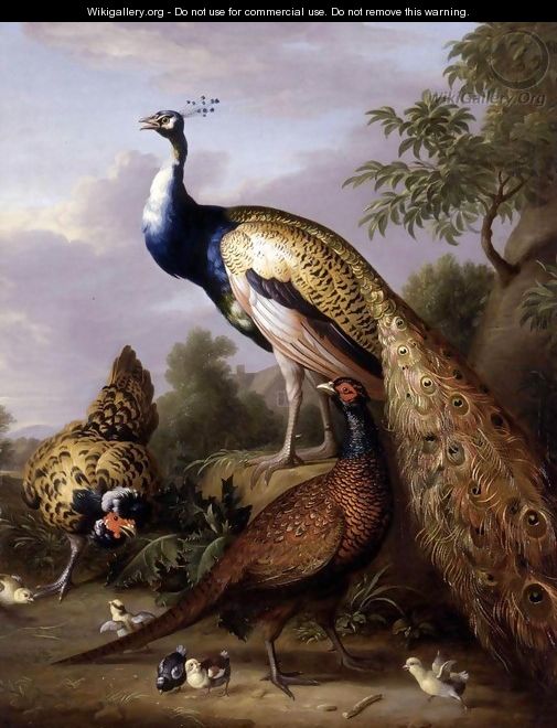 Peacock, Hen and Cock Pheasant in a Landscape - Tobias Stranover