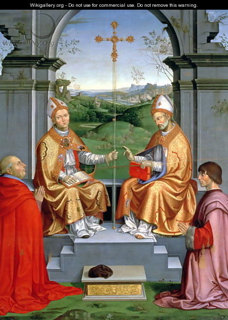St. Thomas a Becket and St. Martin of Tours with Archbishop Giovanni Pietro Arrivabene and Guidobaldo da Montefeltro, Duke of Urbino - Timoteo Viti