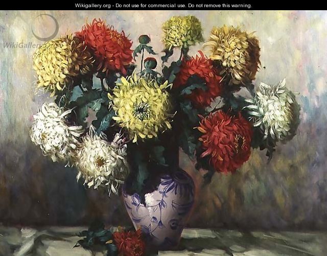 Chrysanthemums in a blue and white china vase - H.G. Vockwein