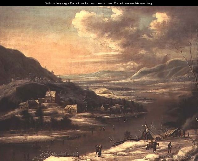 Winter Landscape- Town by a Frozen River - Johann Christian Vollerdt or Vollaert