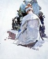 Woman in a white dress sitting upon rocks - Harry Watson