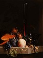 Still life of fruit on a ledge with a roemer and a wine glass - Jacob van Walscapelle