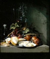 Still life of oysters and a peeled lemon on a ledge - Jacob van Walscapelle