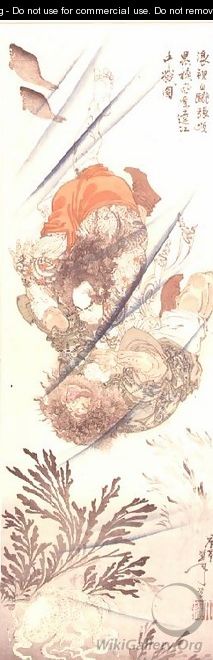 Rorihakucho Cho Jun and Kokusempu Ri Ki, in an under water fight, from the novel Suikoden - Tsukioka Yoshitoshi
