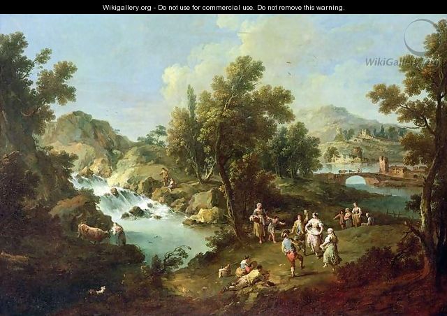 Landscape with a River and Dancing Peasants - Giuseppe Zais