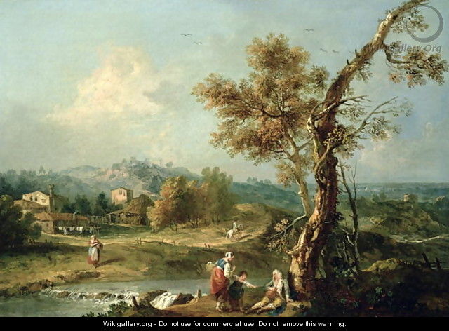 An Italianate River Landscape with Travellers - Francesco Zuccarelli