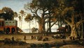 Moonlit Scene of Indian Figures and Elephants among Banyan Trees, Upper India (probably Lucknow) - Johann Zoffany