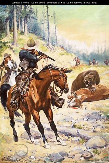 American cowboys surround a bear crouched over the body of a cow - Stanley L. Wood