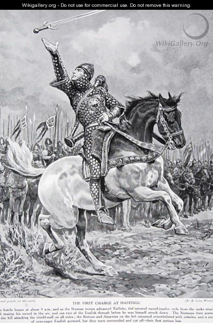 The first charge at Hastings: Taillefer the minstrel sword-juggler rode from the ranks singing and tossing his sword in the air, 1066, illustration from the book The History of the Nation - Richard Caton Woodville