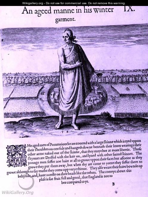 Old Indian Man in his Winter Garment, from A Brief and True Report of the New Found Land of Virginia by Thomas Harriot (1560-1621) engraved by Theodore de Bry (1528-1598) pub. in 1590 - John White