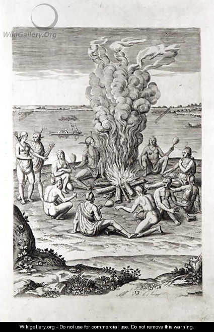 Indians praying around a fire, engraving from Hariot