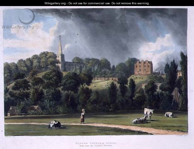 Harrow Church and School from near the Cricket Grounds, from History of Harrow School, part of History of the Colleges, engraved by Joseph Constantine Stadler (fl.1780-1812) pub. by R. Ackermann, 1816 - William Westall