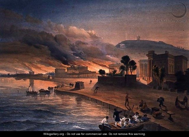 Burning of the Government Buildings at Kertch, plate from The Seat of War in the East, pub. by Paul and Dominic Colnaghi and Co., 1856 - William Simpson