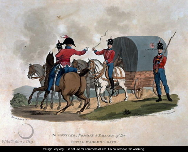 An Officer, Private, and Driver of the Royal Waggon Train, from Costumes of the Army of the British Empire, according to the last regulations 1812, engraved by J.C. Stadler, published by Colnaghi and Co. 1812-15 - Charles Hamilton Smith