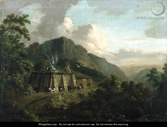 Wooded Landscape, with Workers and Horses Working a Lime Kiln - Thomas Smith of Derby