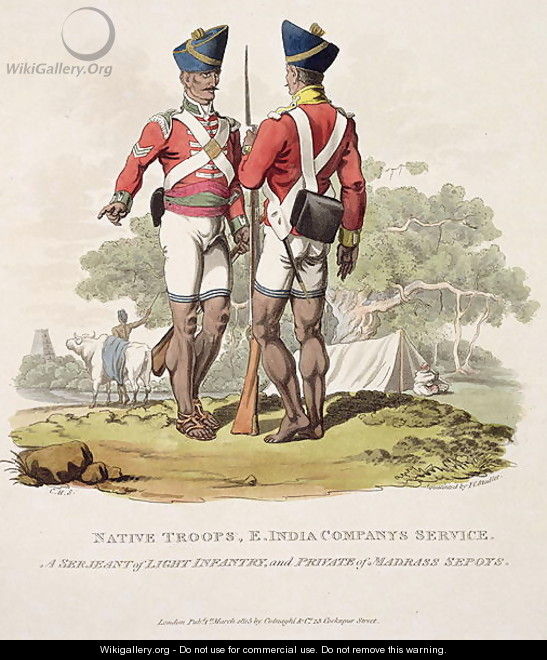 Native Troops in the East India Companys Service a Sergeant of Light Infantry and a Private of the Madras Sepoys, engraved by Joseph Constantine Stadler, 1815 - Charles Hamilton Smith