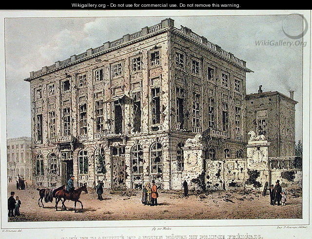 The Cafe Amitie and the Old Hotel du Prince Frederic, Brussels, after the Fighting of 23rd-26th September 1830, engraved by Jean Baptiste Madou 1796-1877 - Gustave Adolphe Simoneau