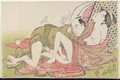 A Shunga erotic print lovers with a folded screen behind them, c.1785 - Yushido Shunsho