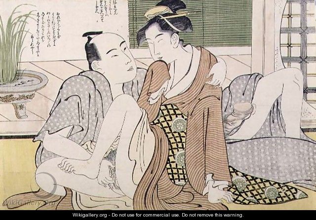A Shunga erotic print a man pleasures his female lover, c.1785 - Yushido Shunsho