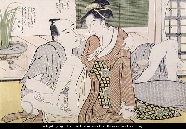 A Shunga erotic print a man pleasures his female lover, c.1785 - Yushido Shunsho A Shunga erotic print a man pleasures his female lover, c.1785 - Yushido Shunsho