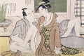 A Shunga erotic print a man pleasures his female lover, c.1785 - Yushido Shunsho