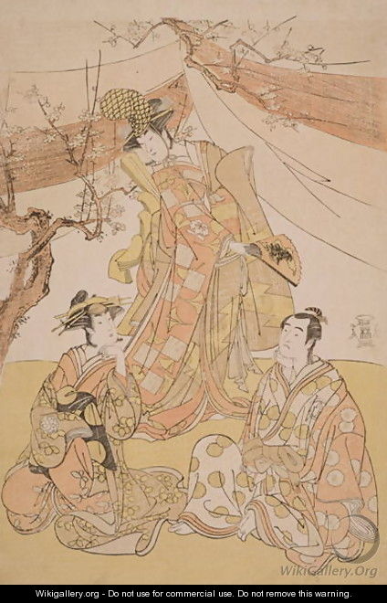 Three Actors in a Scene from Snow-Covered Bamboo Genji in Long Sleeves, 1785 - Yushido Shunsho