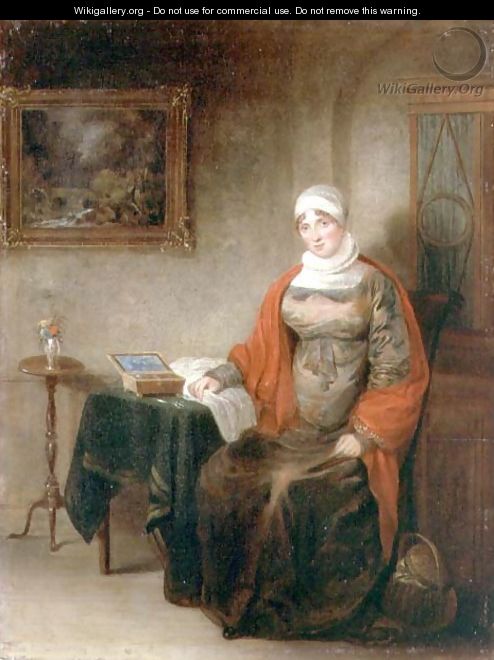 Portrait of Mrs John Crome Seated at a Table by an Open Workbox - Michael William Sharp