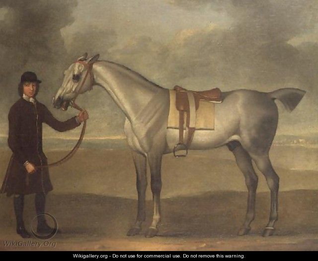 Grey racehorse held by a groom - James Seymour