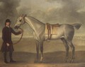Grey racehorse held by a groom - James Seymour