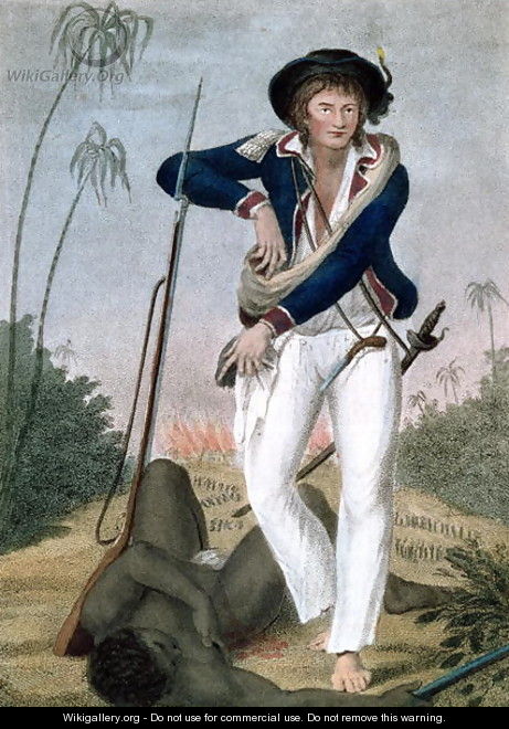 Self Portrait of the artist with a dead slave at his feet, from Narrative of a Five Years Expedition against the Revolted Negroes of Surinam, in Guiana, on the Wild Coast of South America, from the year 1772 to 1777, engraved by Francesco Bartolozzi - John Gabriel Stedman