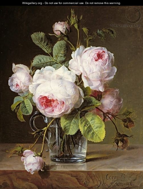 Roses in a Glass Vase on a Ledge - Cornelis van Spaendonck