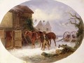 Boy leading horses to a barn in the snow - Thomas Smythe