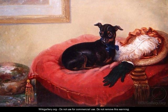 Her Favourite Pet a Manchester Terrier on a red cushion - Thomas Smythe