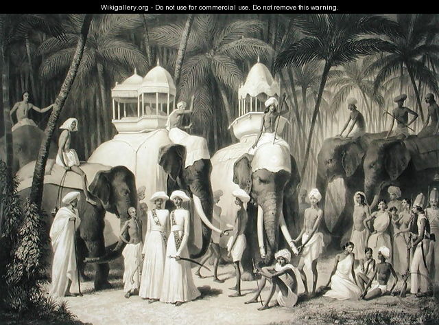 Elephants of the Raja of Travandrum, from Voyage in India, engraved by Louis Henri de Rudder 1807-81 - (after) Soltykoff, A.