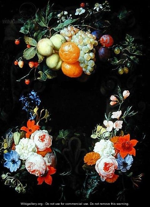 Oranges, peaches, grapes, plums, strawberries, raspberries and other fruit with roses, honeysuckle and other flowers - Joris Van Son