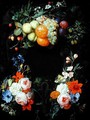 Oranges, peaches, grapes, plums, strawberries, raspberries and other fruit with roses, honeysuckle and other flowers - Joris Van Son