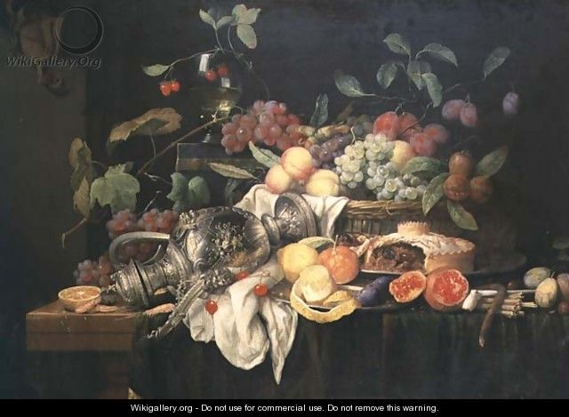 Still Life with pewter flagon, mince pie and fruit - Jan Frans van Son