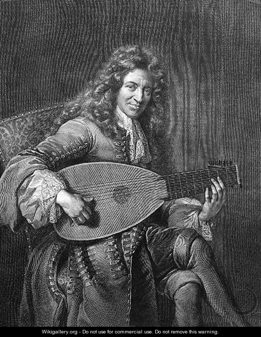Portrait of Mouton playing the lute, engraved by Gerard Edelinck 1640-1707 - Francois de Troy