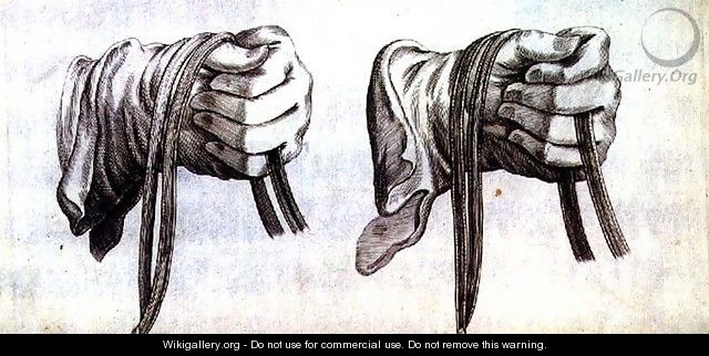 Study of two gloved hands holding the reins of a double bridle from New Treatise for Breeding Horses written by Winters, Stuterey and Reit-Schul, pub. 1672 - Peter Paul Troschel